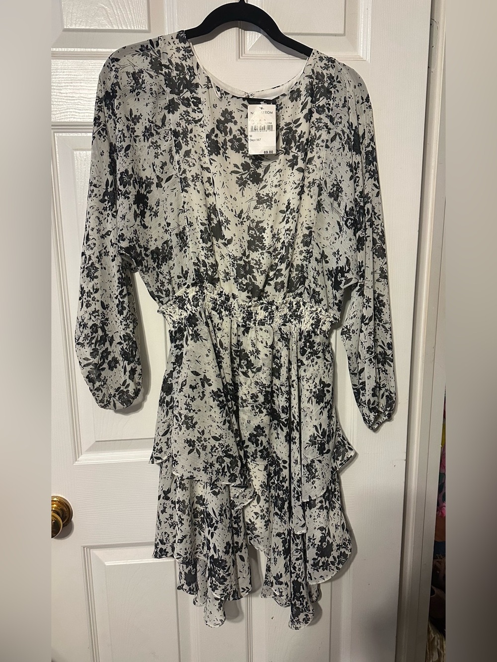 Socialite Sz M Smocked Tiered Shark- Bite Hem Long Sleeve Floral Mini Dress  NWT